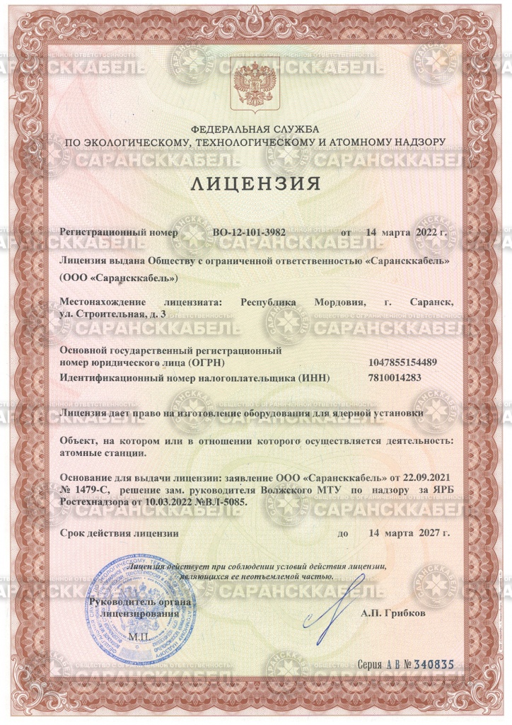 Лицензия Федеральной службы по атомному надзору